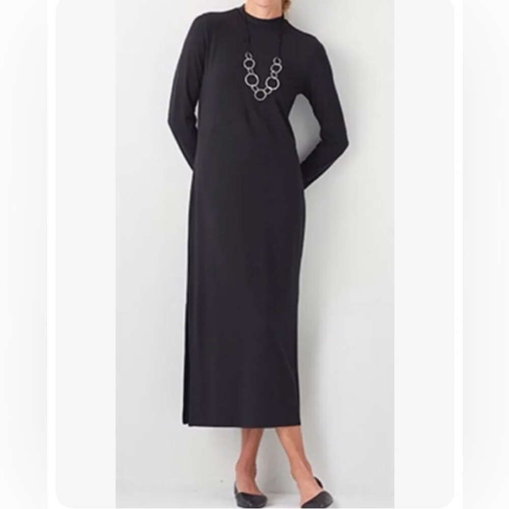J. Jill Wearever Collection Black Mock Neck Maxi Dress Size Small Side Slits LBD
